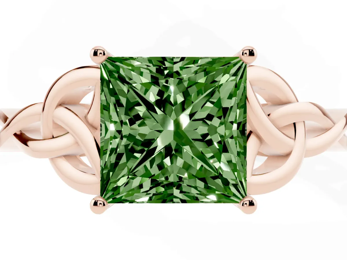Fancy Green Princess Cut Diamond Solitaire Engagement Ring with Celtic Knot Band and Four-Prong Setting Rose gold