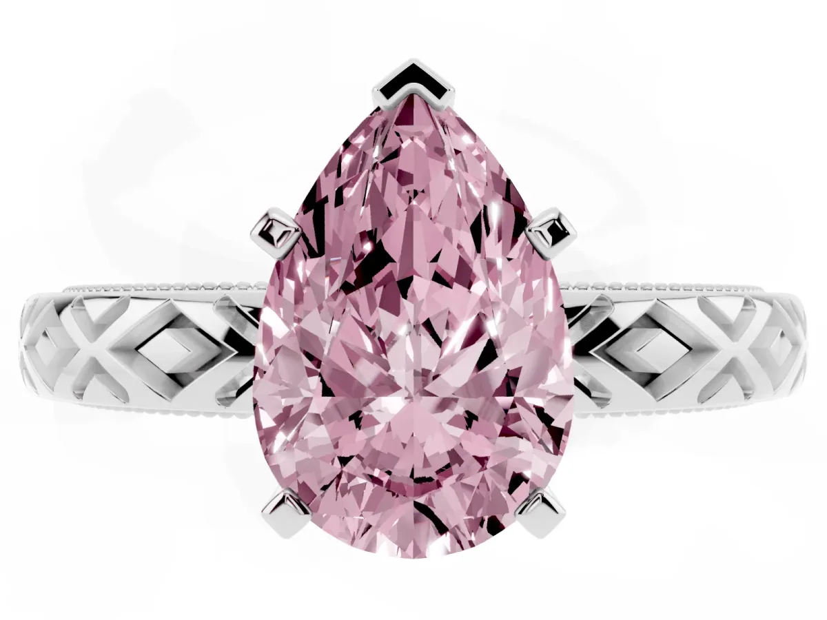 Fancy Pink Pear Cut Solitaire Diamond Ring with Milgrain and Black Enamel X Pattern Band Silver