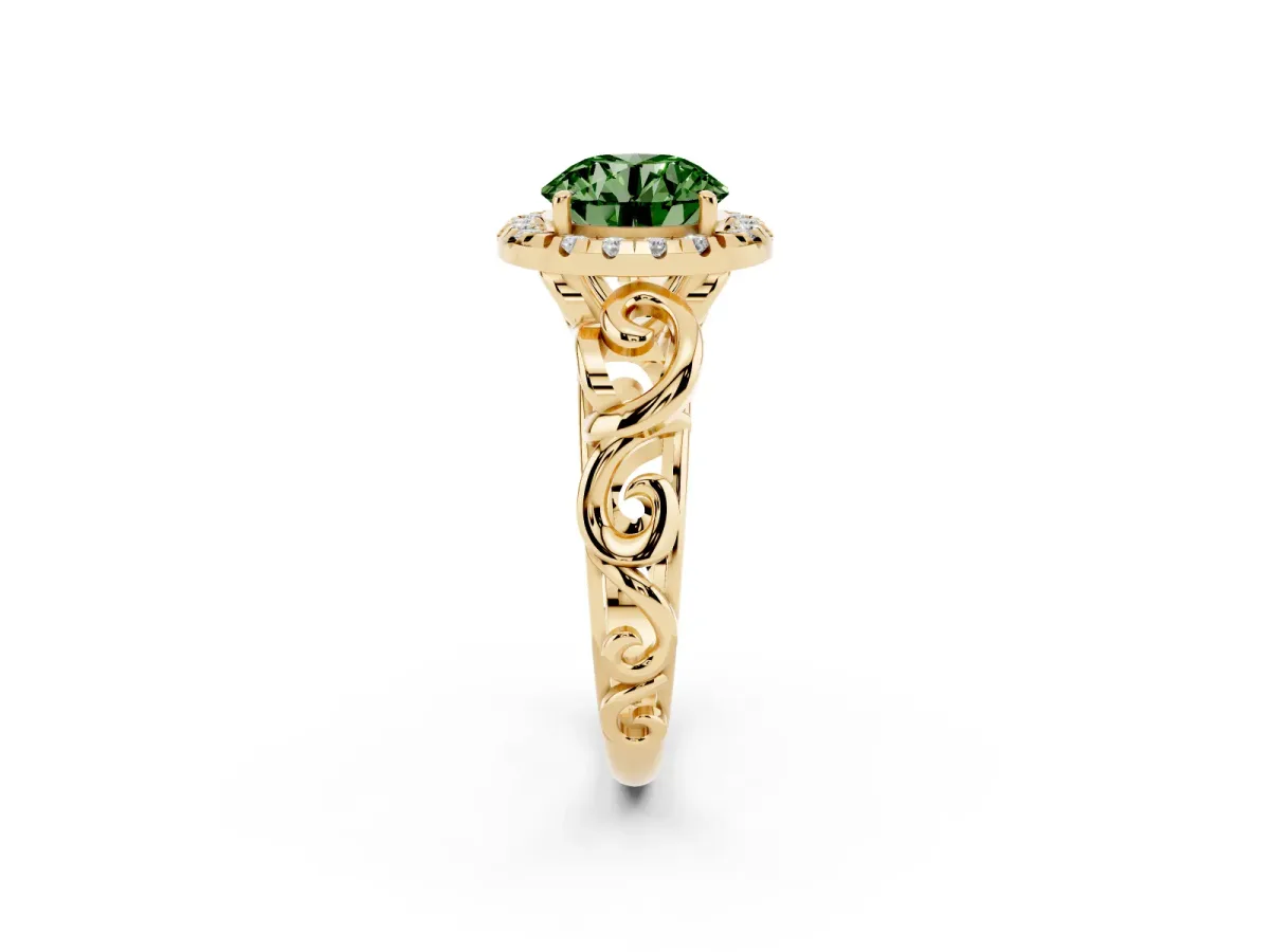 Fancy Green Round Cut Cut Halo Diamond Ring with Scrollwork Band and Four-Prong Setting Yellow gold