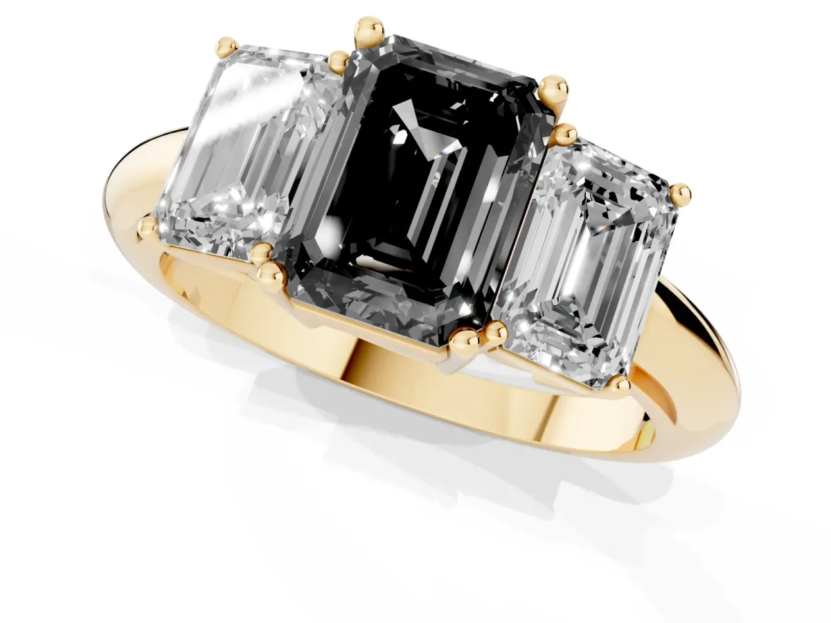 Fancy Black Three-Stone Emerald Cut Cut Diamond Engagement Ring with Prong Setting on a White Gold Band Yellow gold