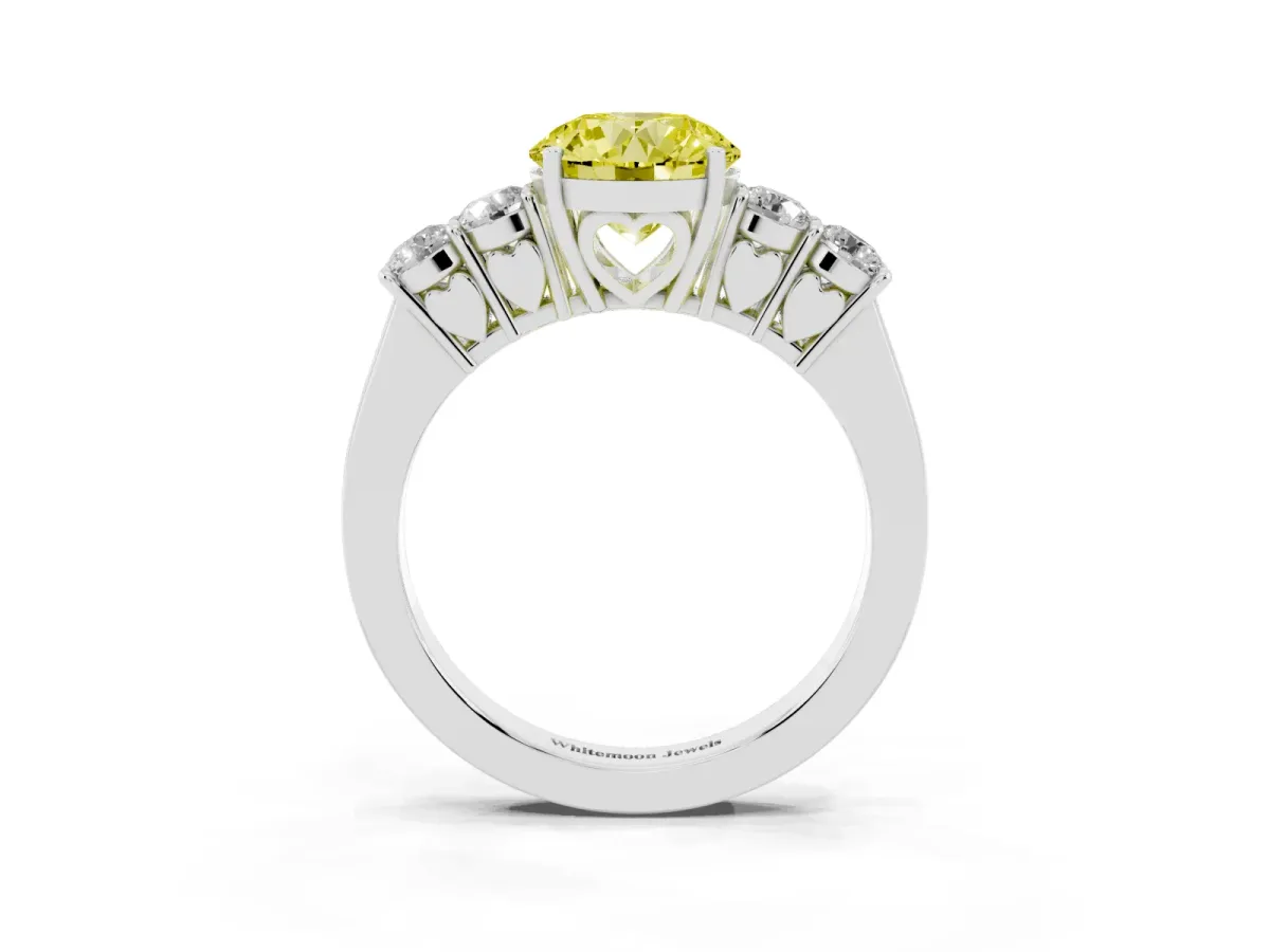 Fancy Yellow Round Cut Cut Diamond Five-Stone Prong Set White Gold Ring Silver