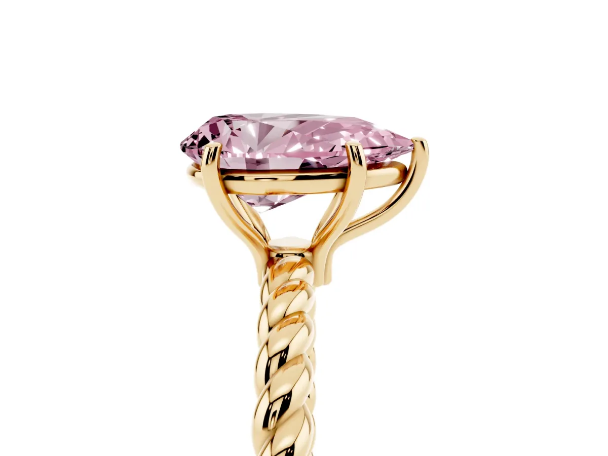 Fancy Pink Pear Cut Solitaire Twist Band Ring with Four-Prong Setting Yellow gold