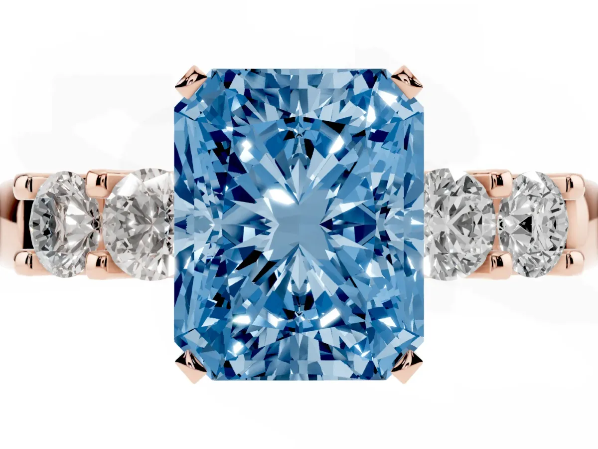 Fancy Blue Radiant Cut Brilliant Cut Diamond Five-Stone Prong Set Engagement Ring with Channel Band Rose gold