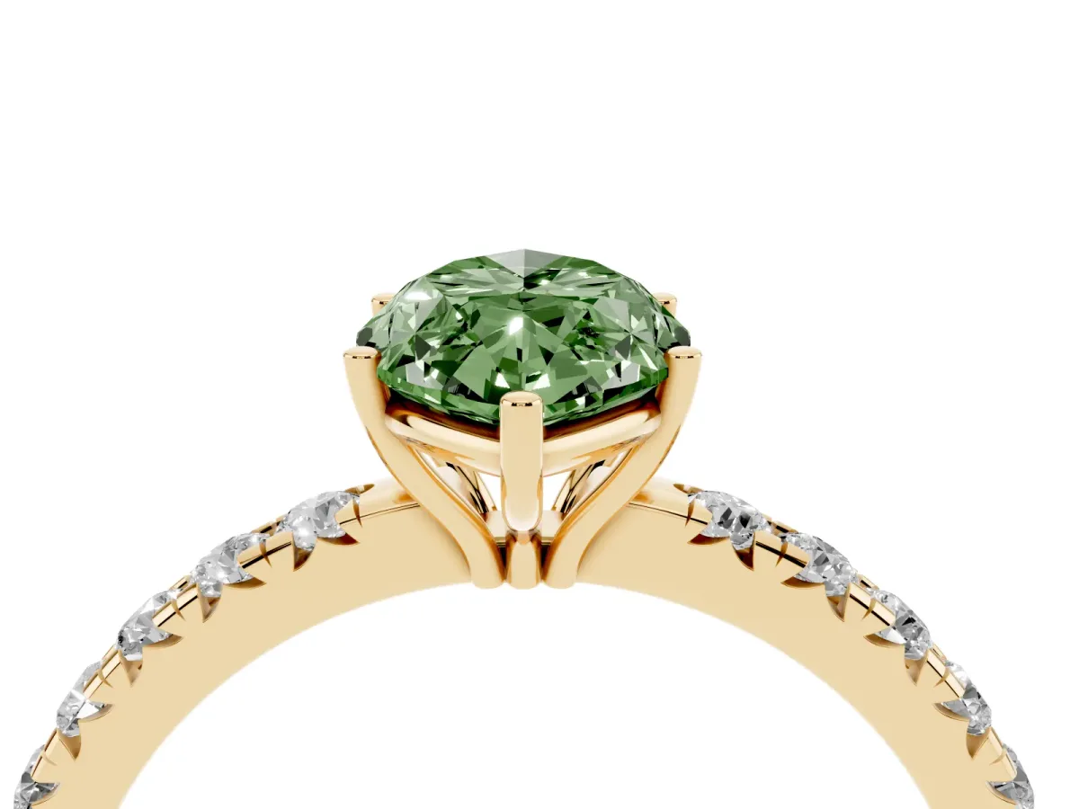 Fancy Green Marquise Cut Diamond Pavé Solitaire Engagement Ring with Four-Prong Setting Yellow gold