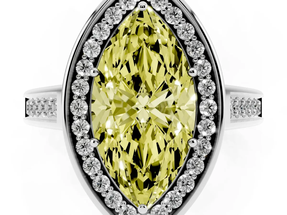 Fancy Yellow Marquise Cut Halo Solitaire Diamond Ring with Pave Band and Bezel Setting White gold