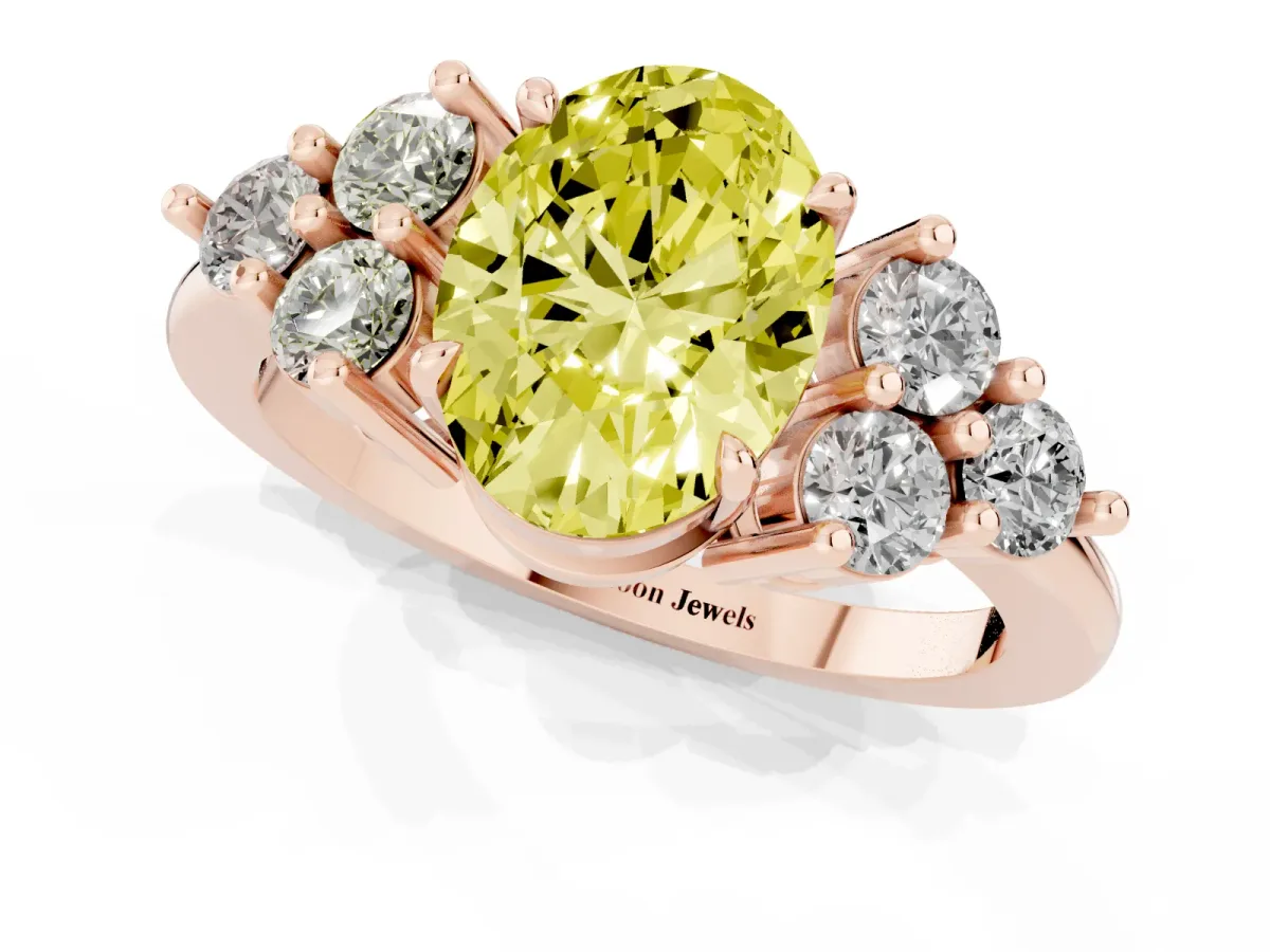 Fancy Yellow Oval Cut Brilliant Diamond Cluster Accent Solitaire Ring with Prong Setting Rose gold