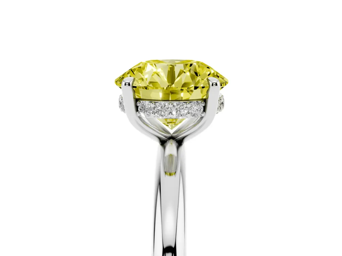 Fancy Yellow Round Cut Diamond Solitaire Ring with Thin Band and Four-Prong Setting Platinum