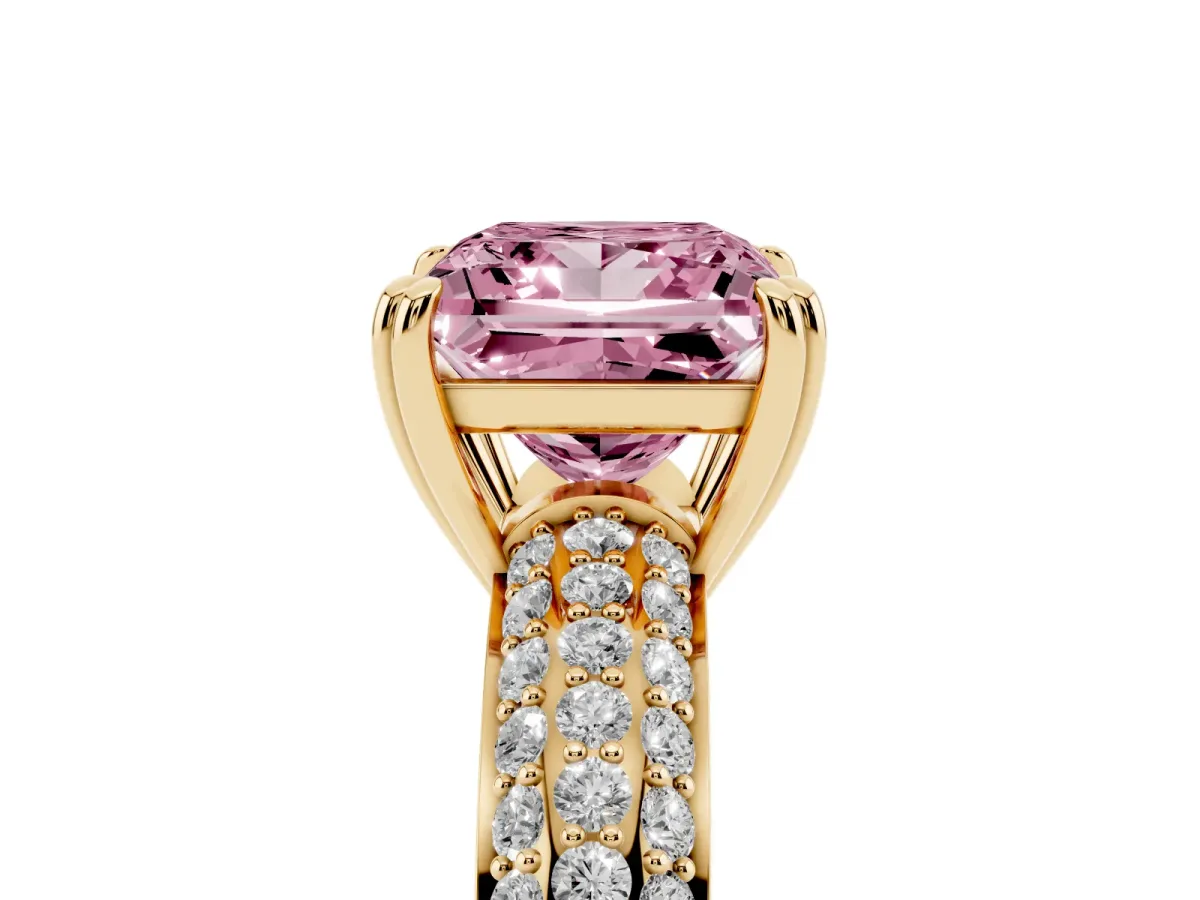 Fancy Pink Princess Cut Diamond Solitaire Ring with Multi-Row Round Pavé Band and Prong Setting Yellow gold