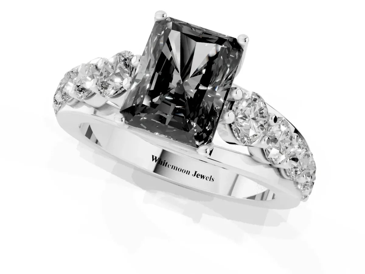 Fancy Black Radiant Cut Diamond Engagement Ring with Pavé Band and Four-Prong Setting Silver