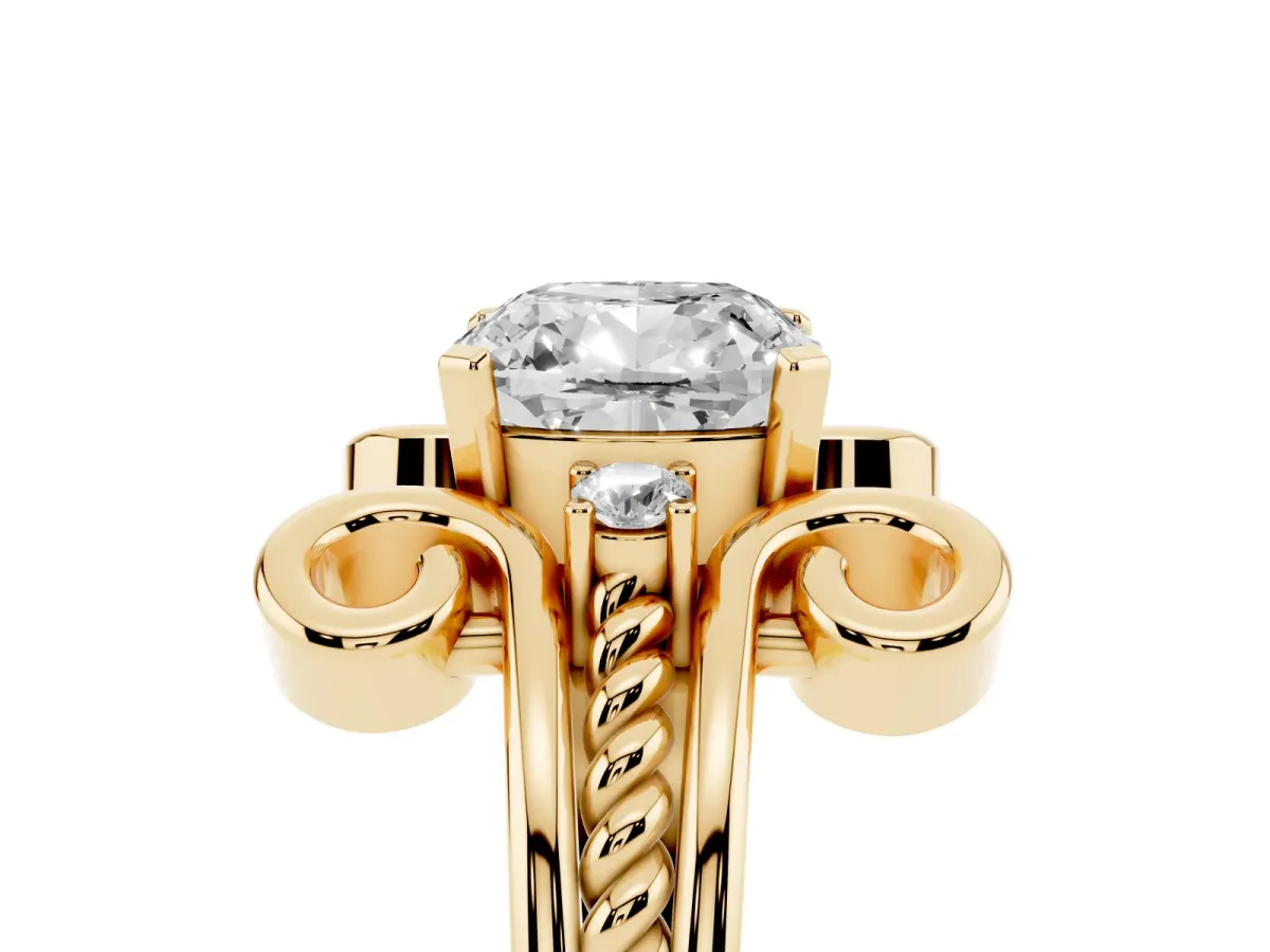 Cushion Cut Solitaire Twisted Band Scroll Prong Ring Yellow gold