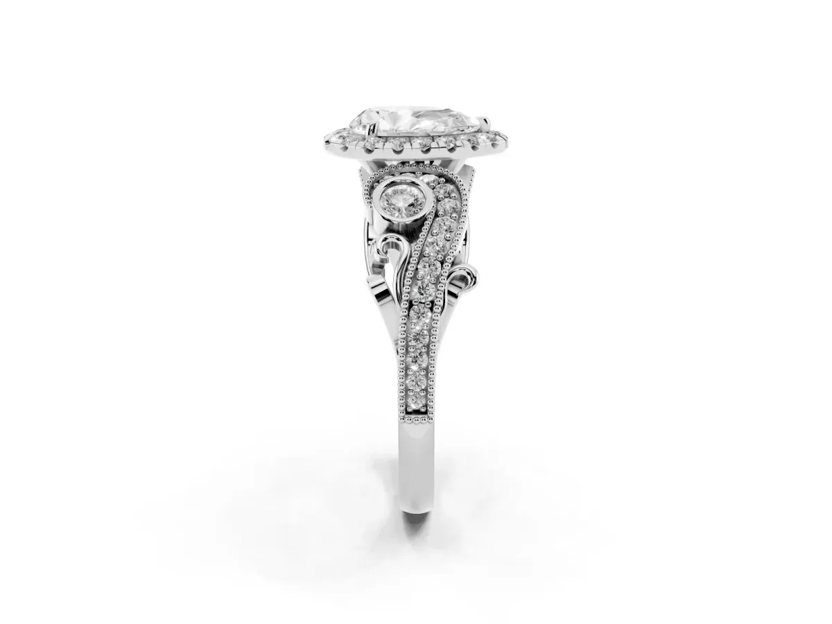 Pear Cut Diamond Halo Ring with Milgrain Pavé Band and Four-Prong Setting Silver