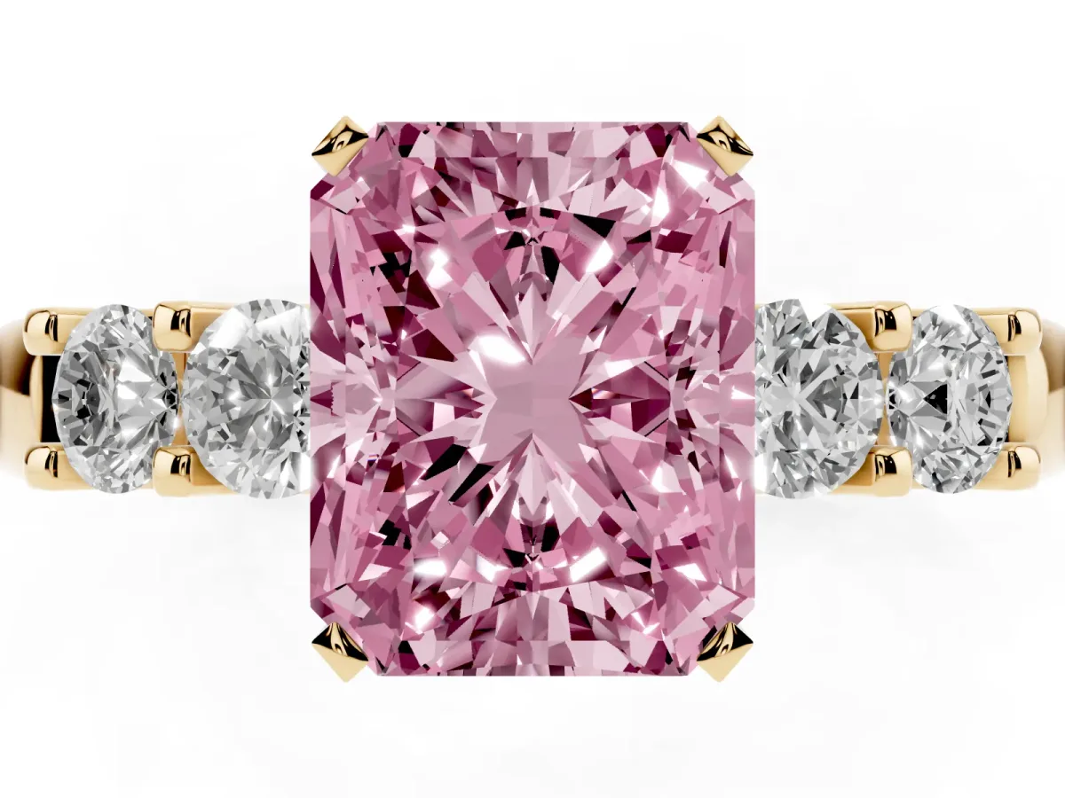 Fancy Pink Radiant Cut Brilliant Cut Diamond Five-Stone Prong Set Engagement Ring with Channel Band Yellow gold