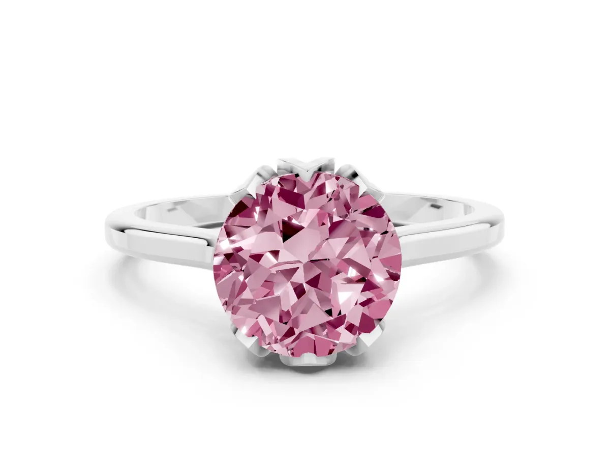 Fancy Pink Round Cut Diamond Solitaire Ring with Flower Prong Setting and Classic Band Silver