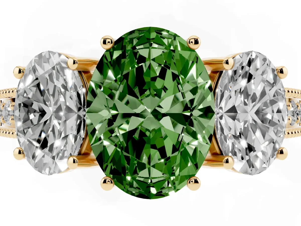 Fancy Green Three-Stone Oval Cut Cut Milgrain Pavé Engagement Ring Yellow gold