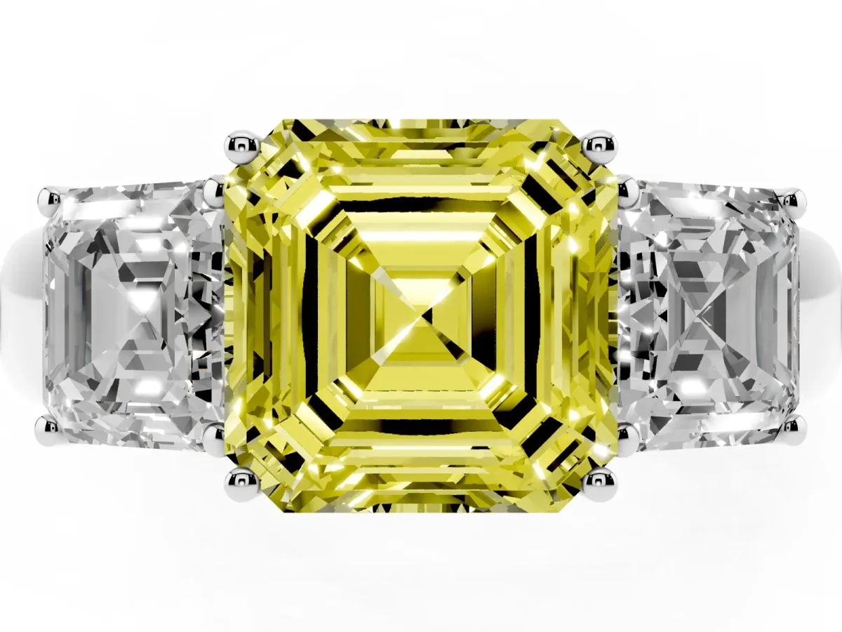 Fancy Yellow Three-Stone Asscher Cut Cut Diamond Ring with Prong Setting and Classic Band Silver