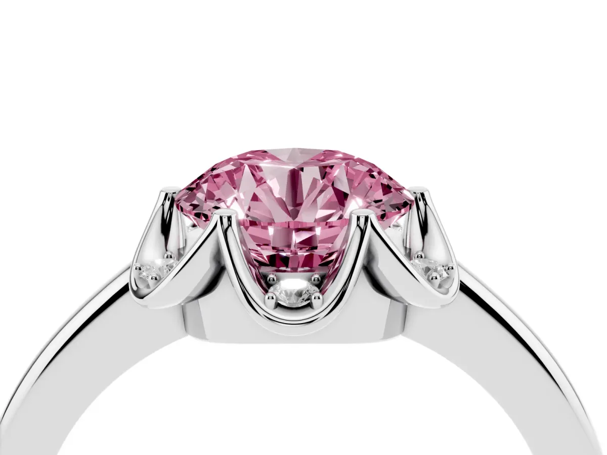 Fancy Pink Round Cut Halo Diamond Ring with Round Cluster Setting, Solitaire Band, and Four-Prong Setting White gold