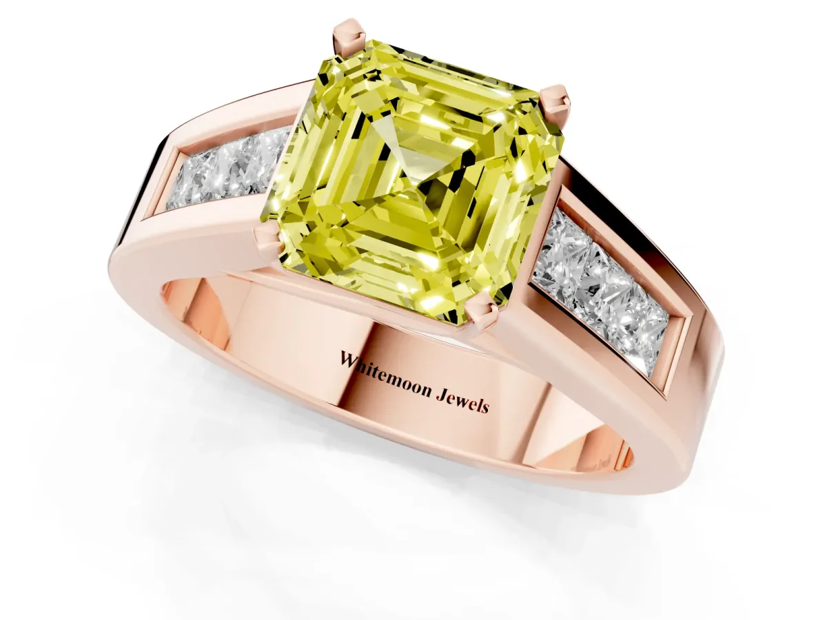 Fancy Yellow Asscher Cut Cut Channel Set Solitaire Ring with Four-Prong Setting Rose gold