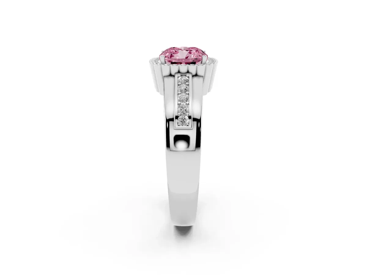 Fancy Pink Cushion Cut Cut Halo Pave Band Four-Prong Ring Silver