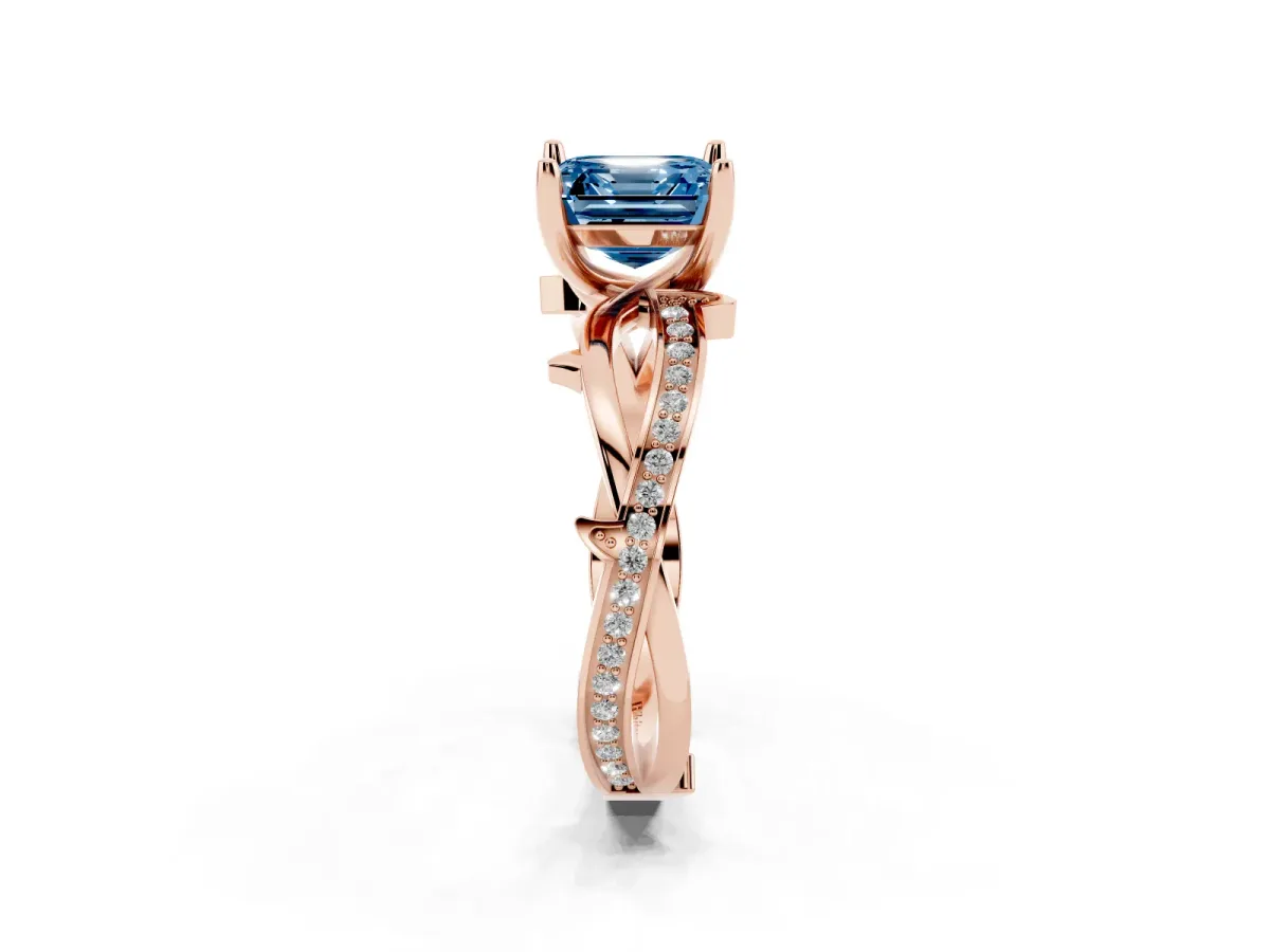 Fancy Blue Asscher Cut Solitaire Twist Band with Pavé Accents and Four-Prong Setting Rose gold