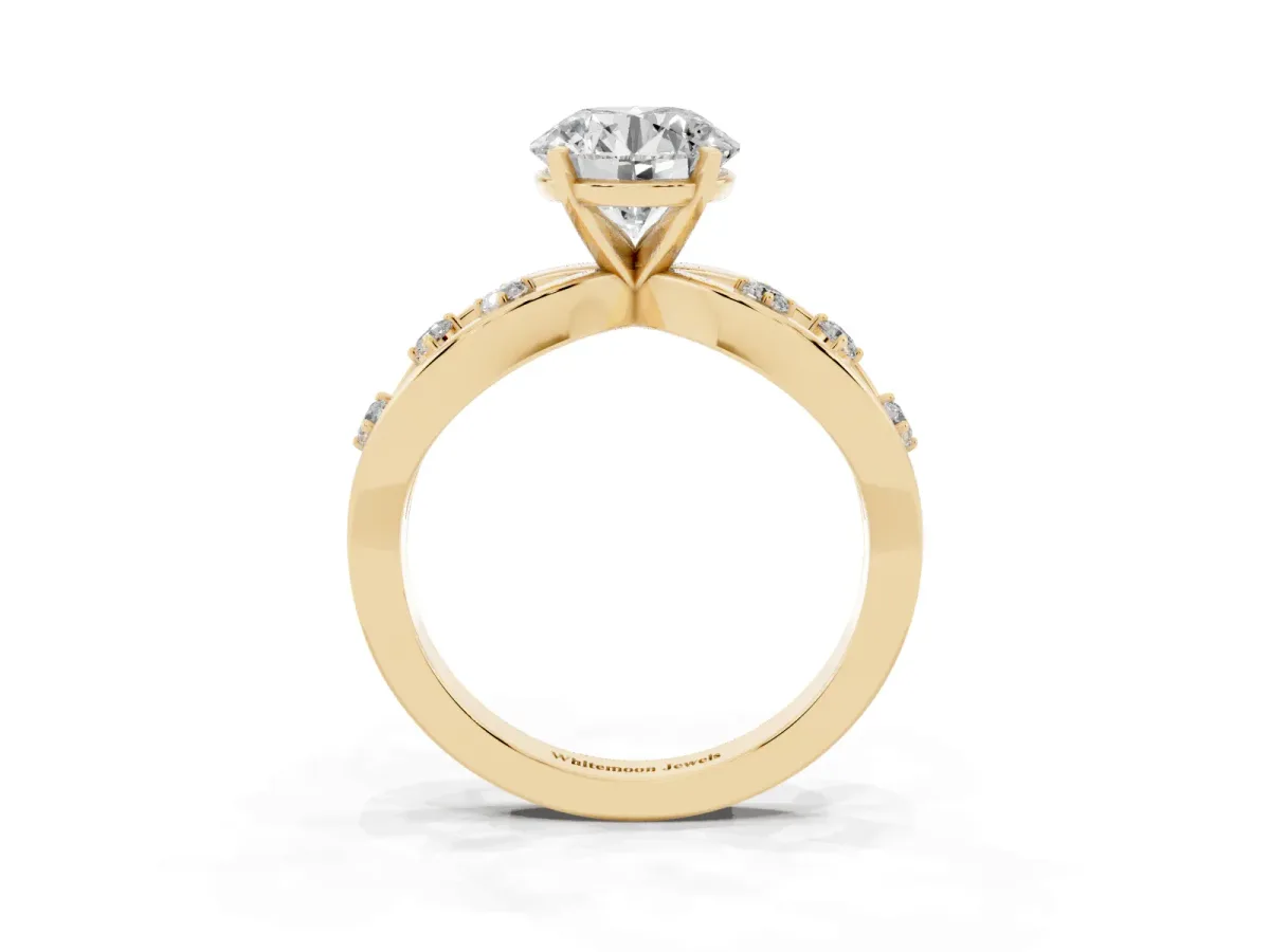 Round Cut Cut Solitaire Diamond with Side Stones on Criss-Cross Band and Four-Prong Setting Yellow gold