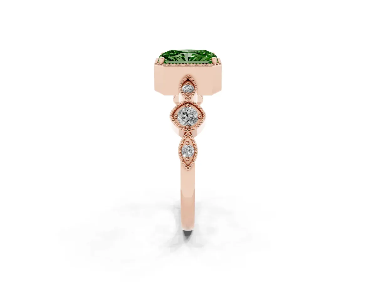 Fancy Green Radiant Cut Diamond Vintage Milgrain Ring with Round Stations Rose gold
