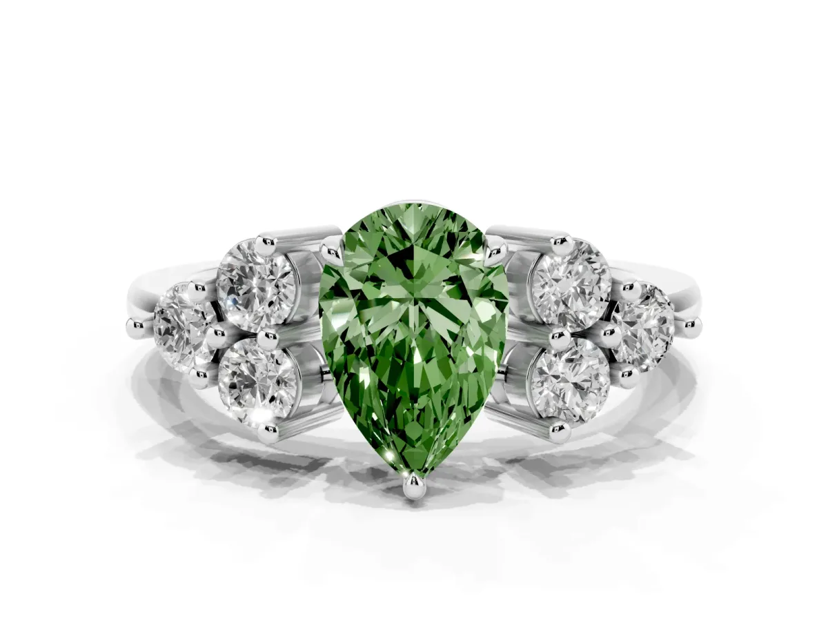 Fancy Green Pear Cut Brilliant Diamond Cluster Accent Solitaire Ring with Prong Setting Silver
