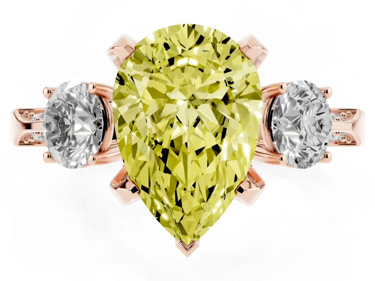 Fancy Yellow Pear Cut Brilliant Three-Stone Diamond Ring with Pavé Band and Four-Prong Setting Rose gold
