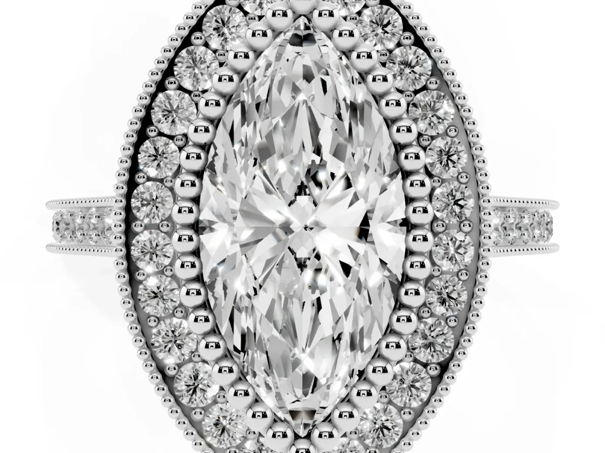 Marquise Cut Diamond Halo Ring with Milgrain Frame and Pavé Band Silver