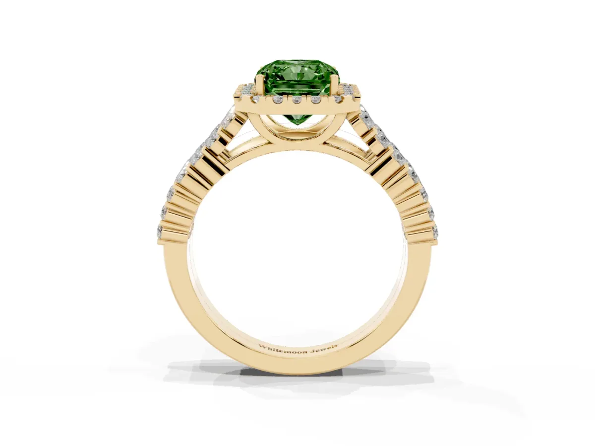 Fancy Green Radiant Cut Diamond Halo Engagement Ring with Triple Row Round Pavé Band and Prong Setting Yellow gold