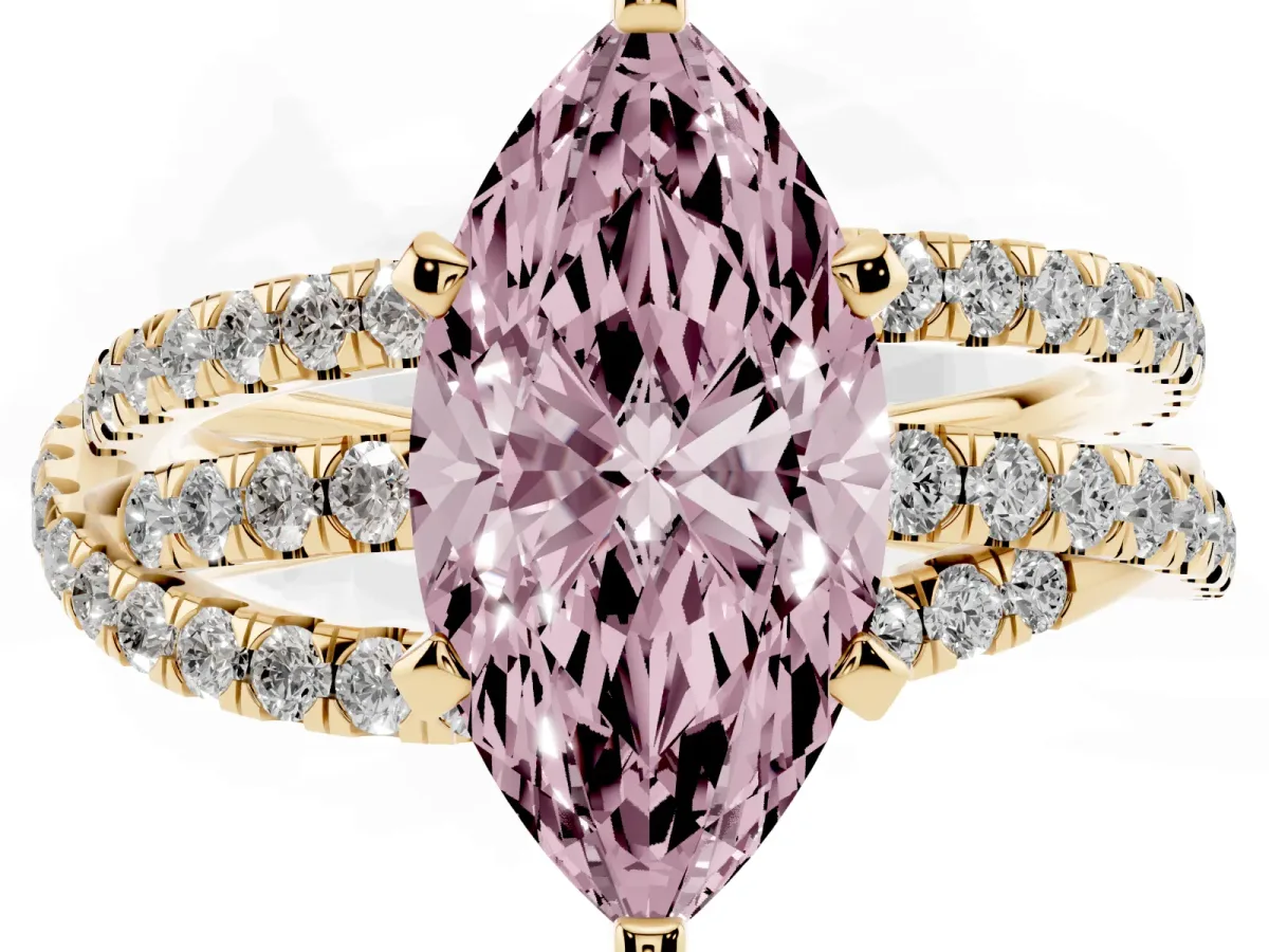 Fancy Pink Marquise Cut Solitaire Twist Band with Pavé Setting and Four-Prong Setting Yellow gold