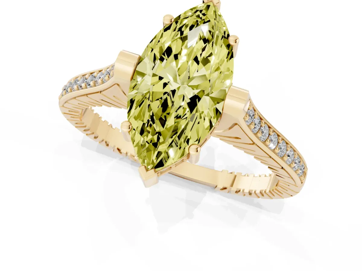 Fancy Yellow Marquise Cut Solitaire Diamond Ring with Channel Set Band and Bezel Prong Setting Yellow gold
