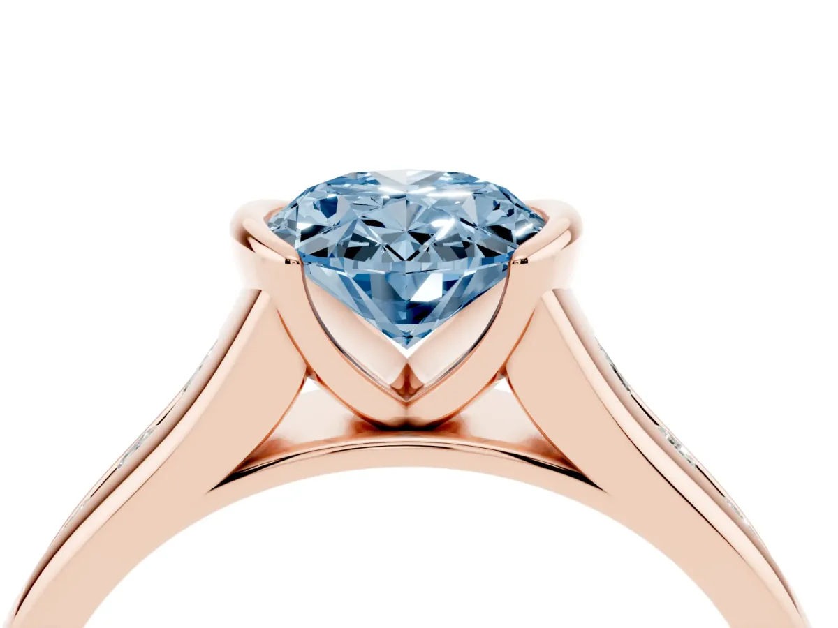 Fancy Blue Oval Cut Solitaire Bezel-Set Diamond Ring with Channel-Set Band Rose gold