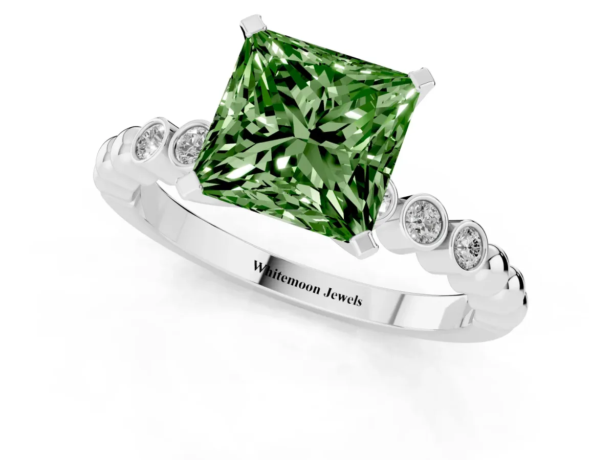 Fancy Green Princess Cut Solitaire Bezel Accent Diamond Engagement Ring with Beaded Band and Four-Prong Setting Platinum