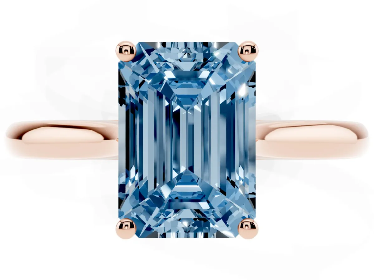 Fancy Blue Emerald Cut Cut Solitaire Ring with Cathedral Band and Four-Prong Setting Rose gold