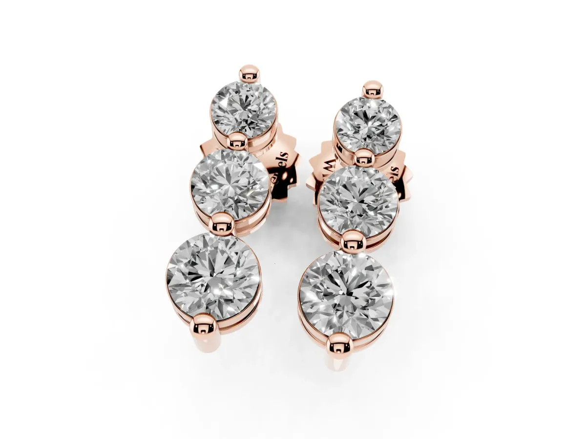 Three-Stone Round Diamond Drop Earrings with Prong Setting on White Gold Rose gold