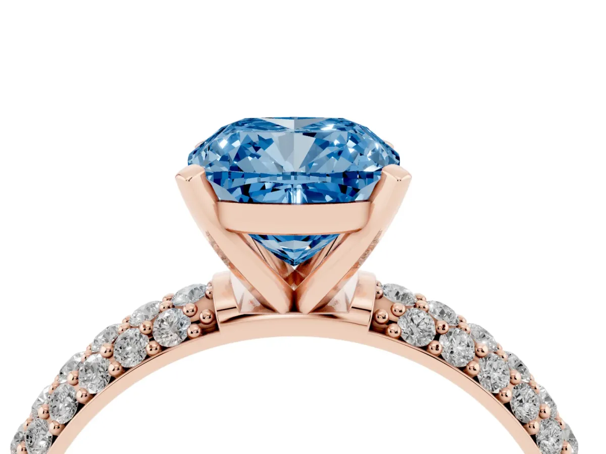 Fancy Blue Cushion Cut Diamond Solitaire Ring with Prong Setting and Pavé Band Rose gold