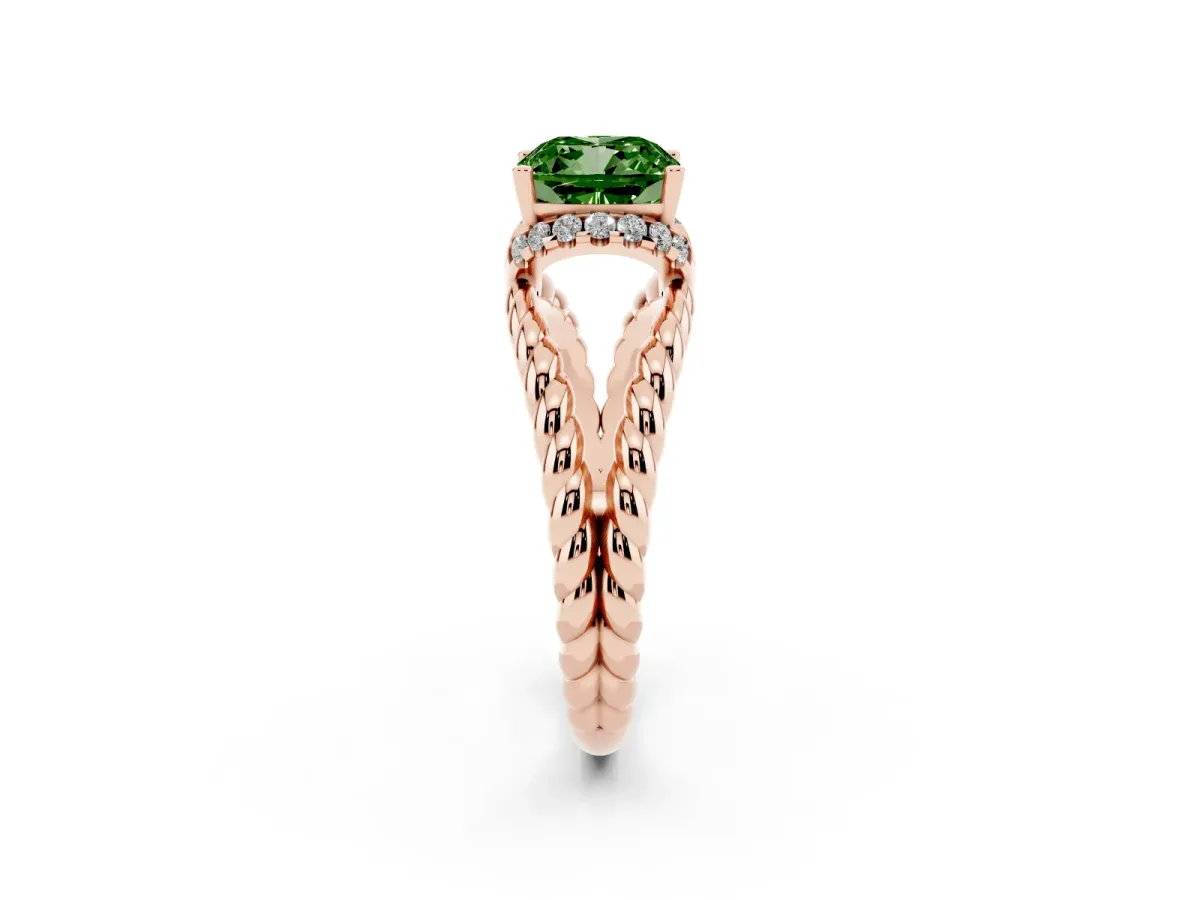 Fancy Green Cushion Cut Halo Twisted Band Four-Prong Ring Rose gold