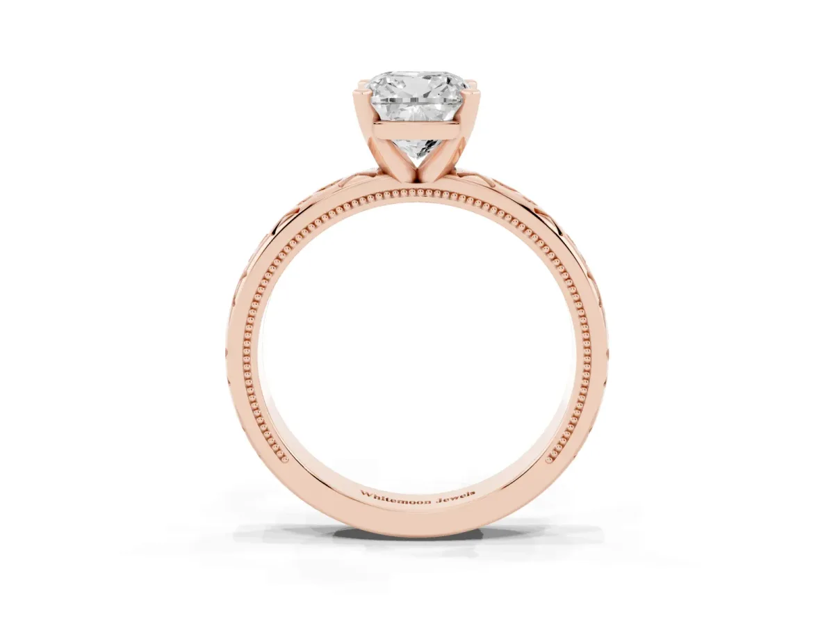 Cushion Cut Solitaire Engagement Ring with Scrollwork Band and Four-Prong Setting Rose gold