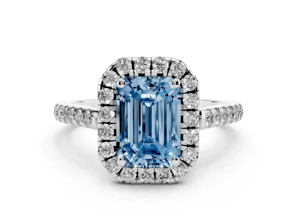 Fancy Blue Emerald Cut Halo Pavé Diamond Engagement Ring with Four-Prong Setting Silver