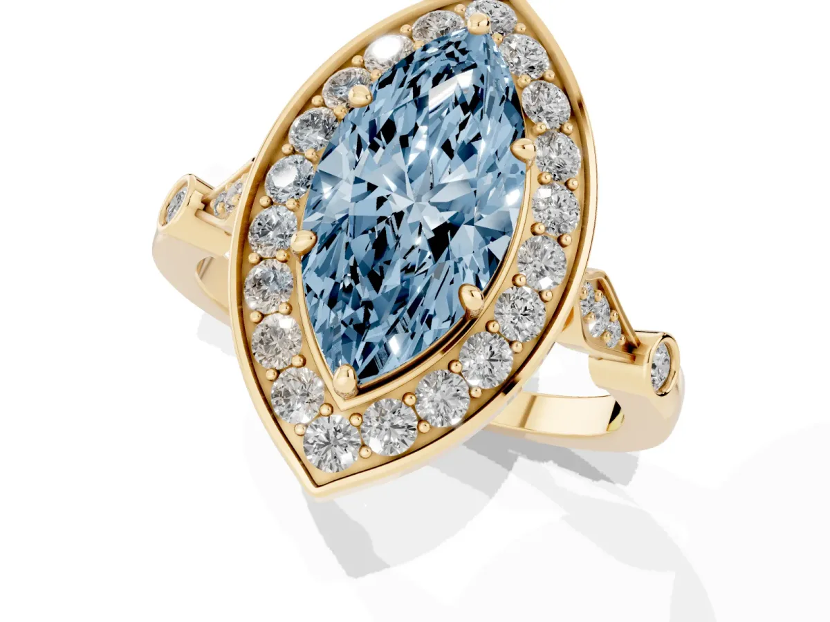 Fancy Blue Marquise Cut Halo Diamond Engagement Ring with Twisted Band and Four-Prong Setting Yellow gold