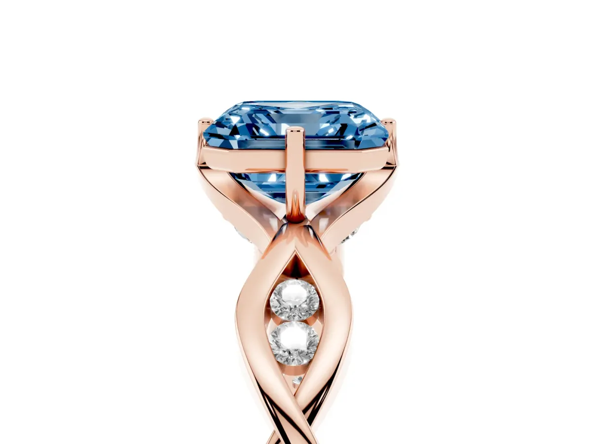 Fancy Blue Asscher Cut Solitaire Twist Band with Leaf Prong Setting Rose gold