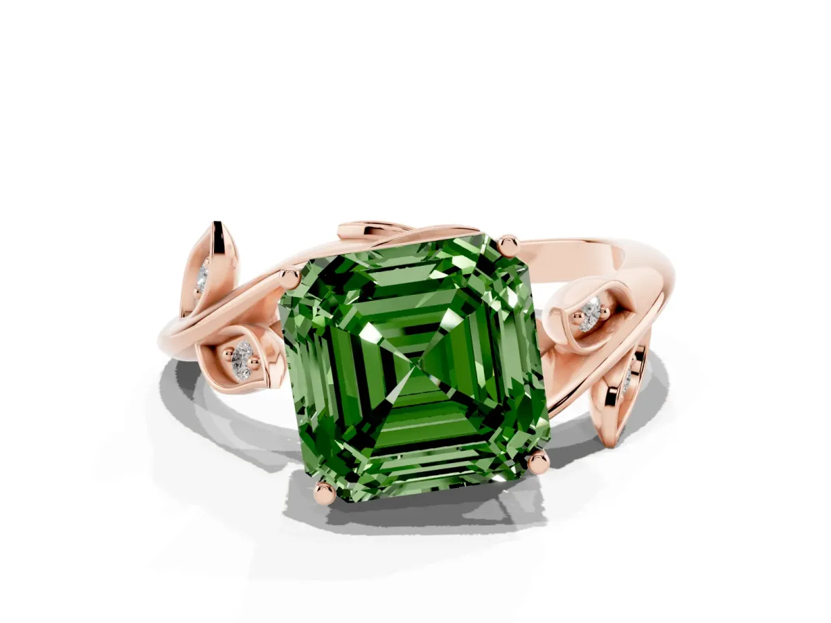 Fancy Green Asscher Cut Solitaire Twist Engagement Ring with Leaf Accents and Prong Setting Rose gold