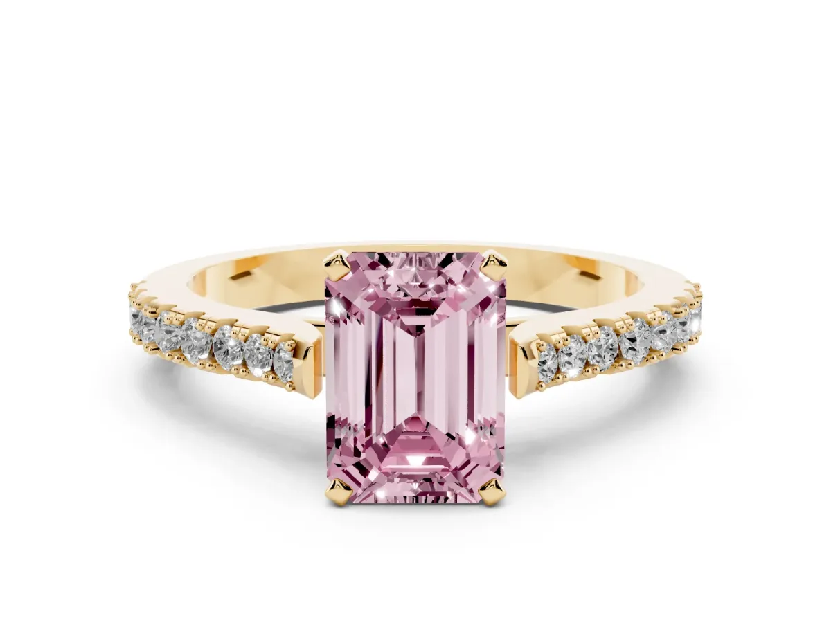 Fancy Pink Emerald Cut Cut Solitaire Diamond Engagement Ring with Pave Band and Four-Prong Setting Yellow gold