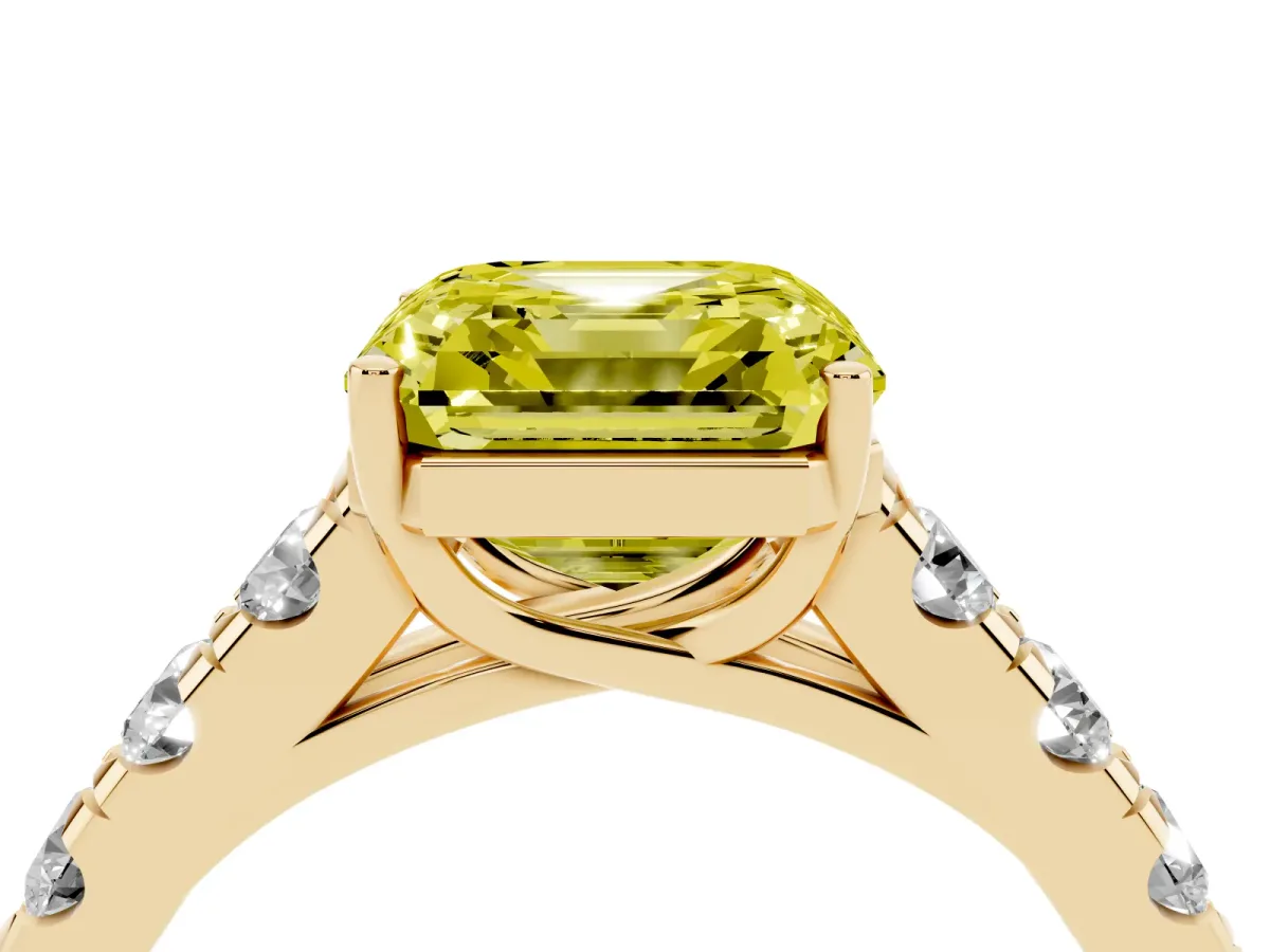 Fancy Yellow Asscher Cut Cut Diamond Solitaire Ring with Micro Pave Band and Prong Setting Yellow gold