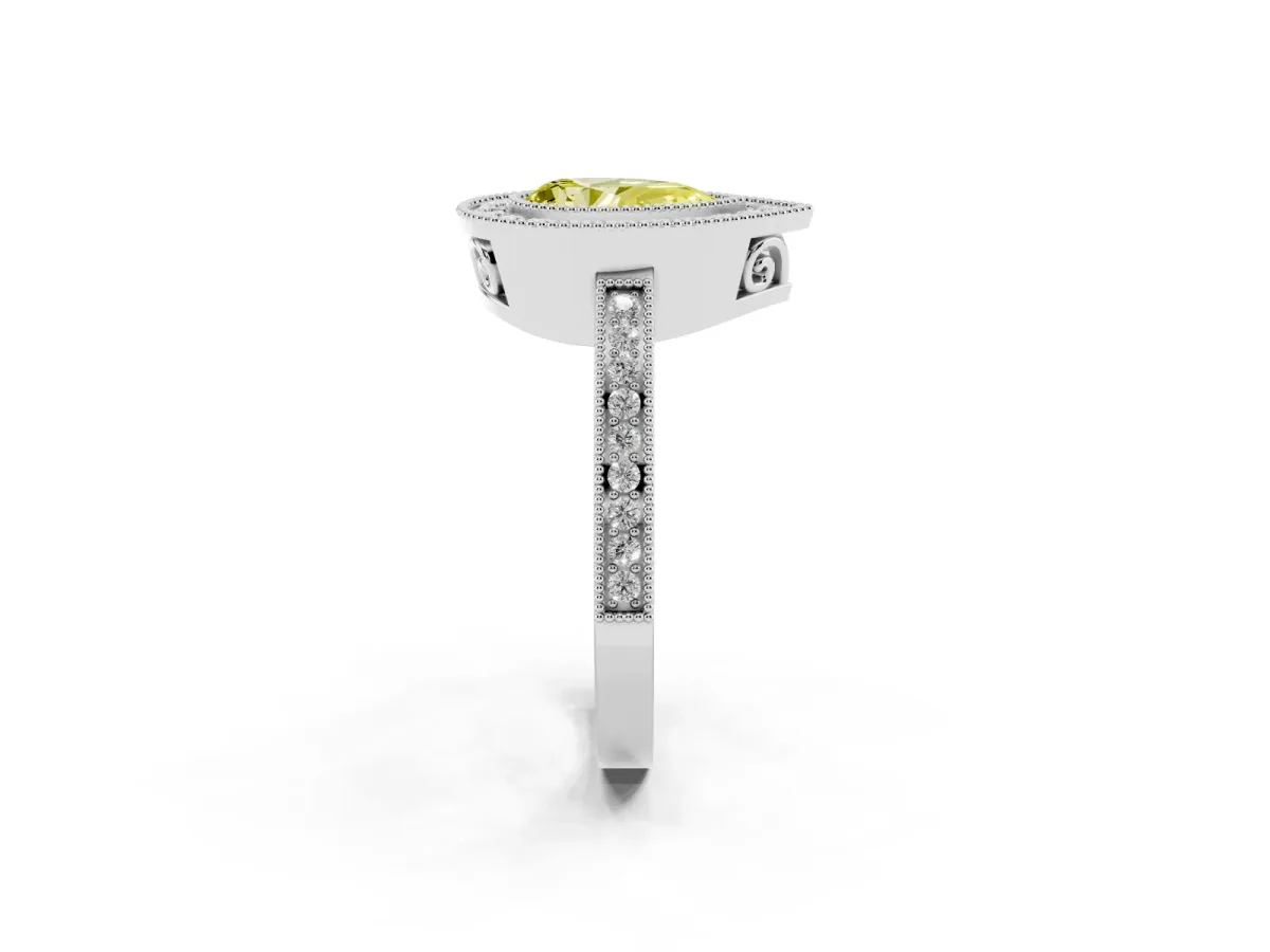 Fancy Yellow Pear Cut Cut Halo Diamond Ring with Pavé Band and Milgrain Prong Setting Silver