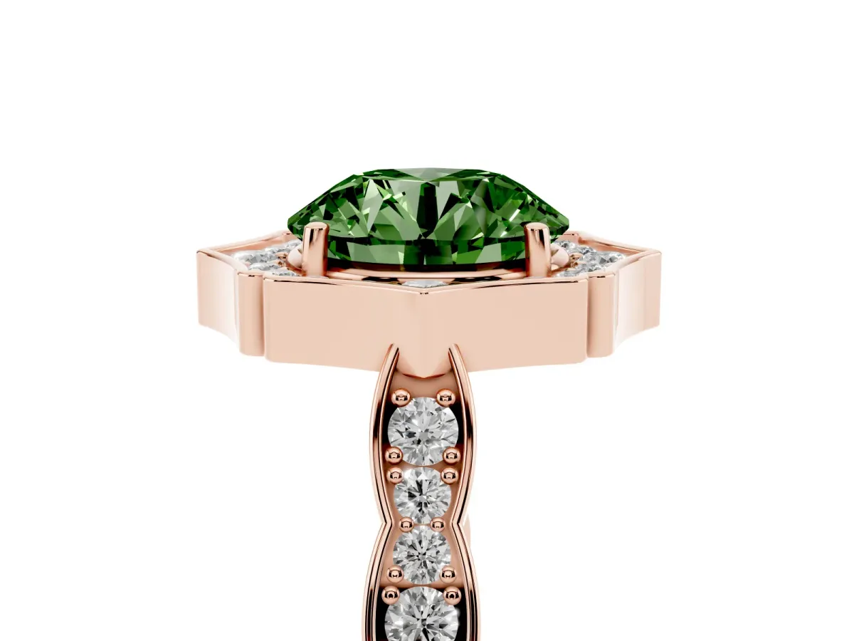 Fancy Green Round Cut Halo Diamond Engagement Ring with Milgrain Band and Four-Prong Setting Rose gold