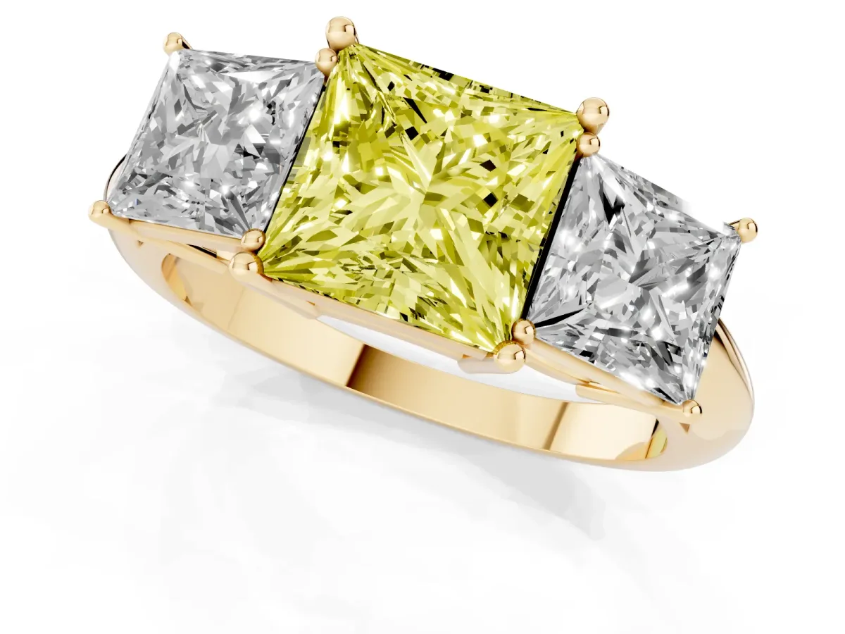 Fancy Yellow Three-Stone Princess Cut Cut Diamond Engagement Ring with Prong Setting on a White Gold Band Yellow gold