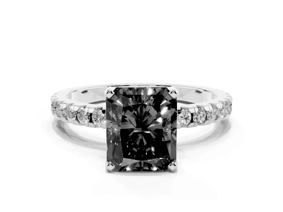 Fancy Black Radiant Cut Diamond Solitaire Ring with Round Pavé Band and Four-Prong Setting Silver