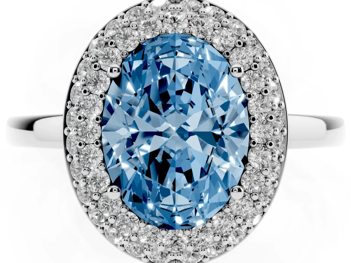 Fancy Blue Oval Cut Halo Diamond Engagement Ring with Solitaire Band and Four-Prong Setting Silver