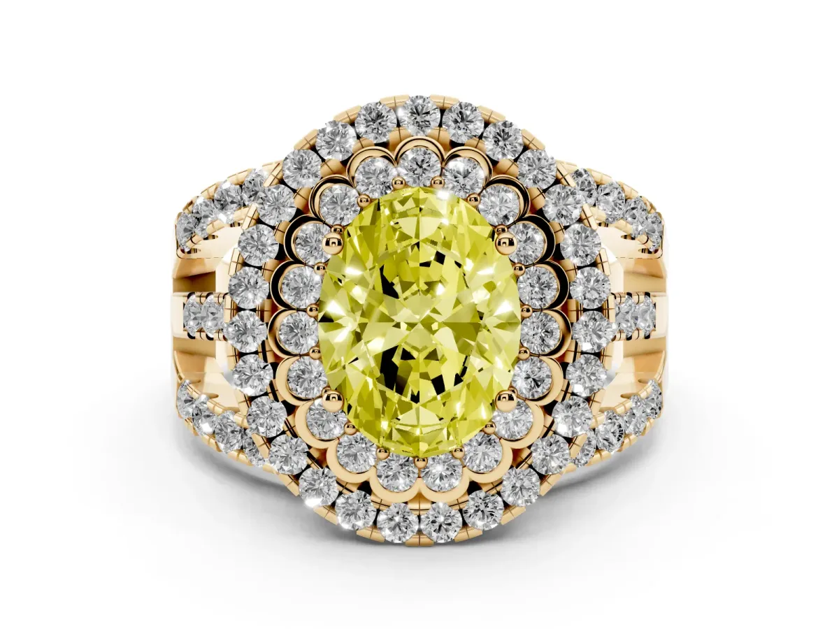 Fancy Yellow Oval Cut Diamond Double Halo Ring with Round Pavé Split Shank and Prong Setting Yellow gold